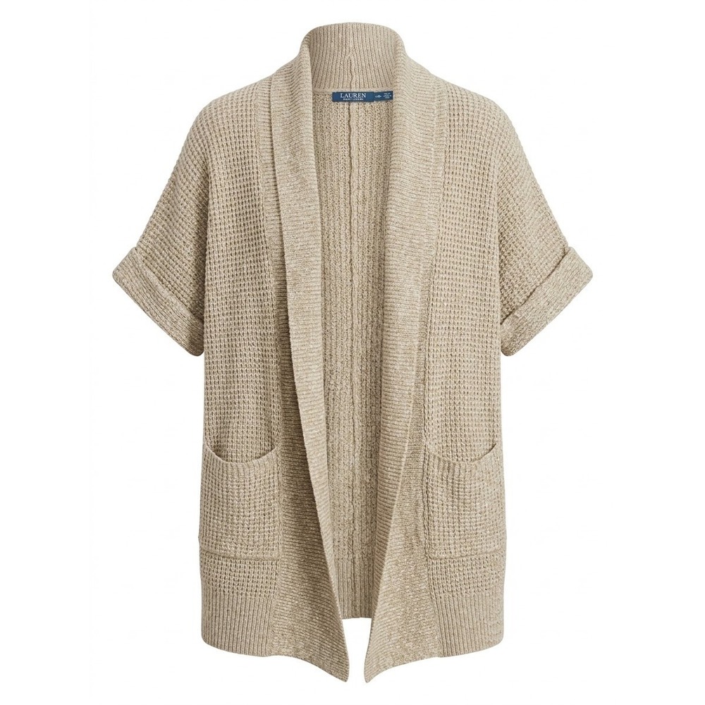 Lauren Ralph Lauren Cardigan Women L/XL Beige Waffle Knit Shawl Collar Pocket